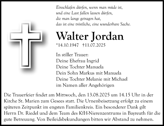 Anzeige von Walter Jordan von Nordbayerischer Kurier