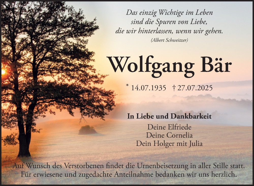  Traueranzeige für Wolfgang Bär vom 16.08.2025 aus Nordbayerischer Kurier