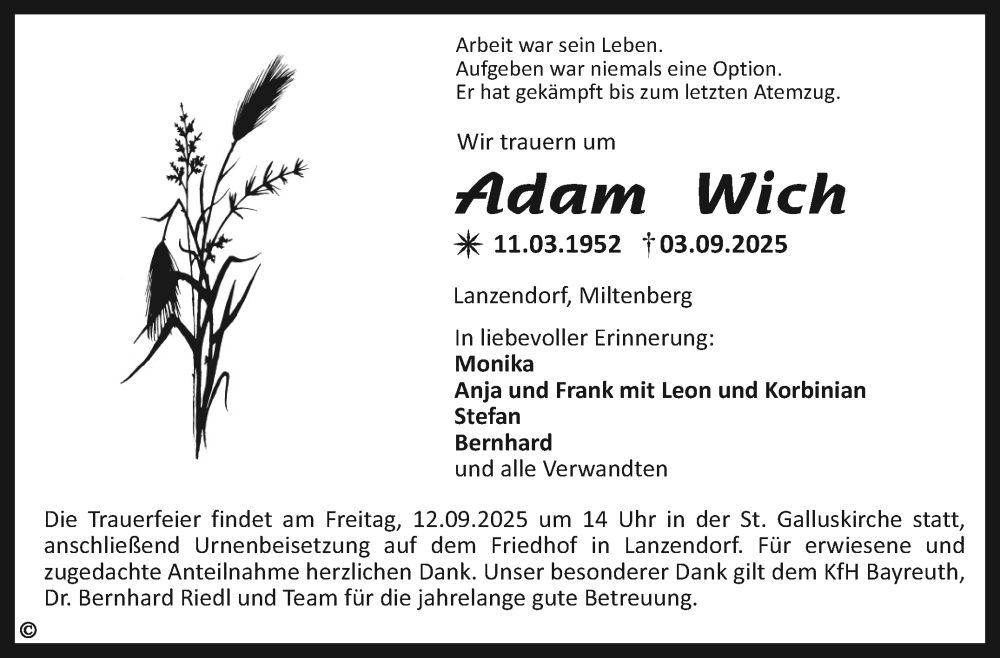  Traueranzeige für Adam Wich vom 10.09.2025 aus Nordbayerischer Kurier