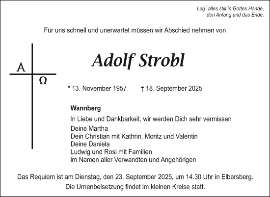 Anzeige von Adolf Strobl von Nordbayerischer Kurier