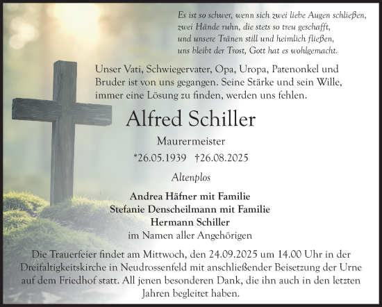 Anzeige von Alfred Schiller von Nordbayerischer Kurier