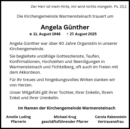 Anzeige von Angela Günther von Nordbayerischer Kurier