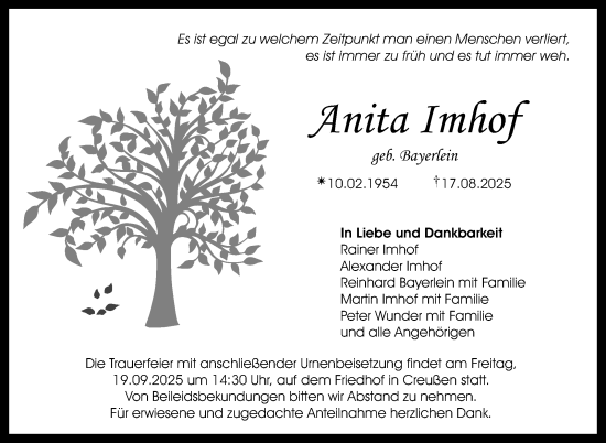 Anzeige von Anita Imhof von Nordbayerischer Kurier
