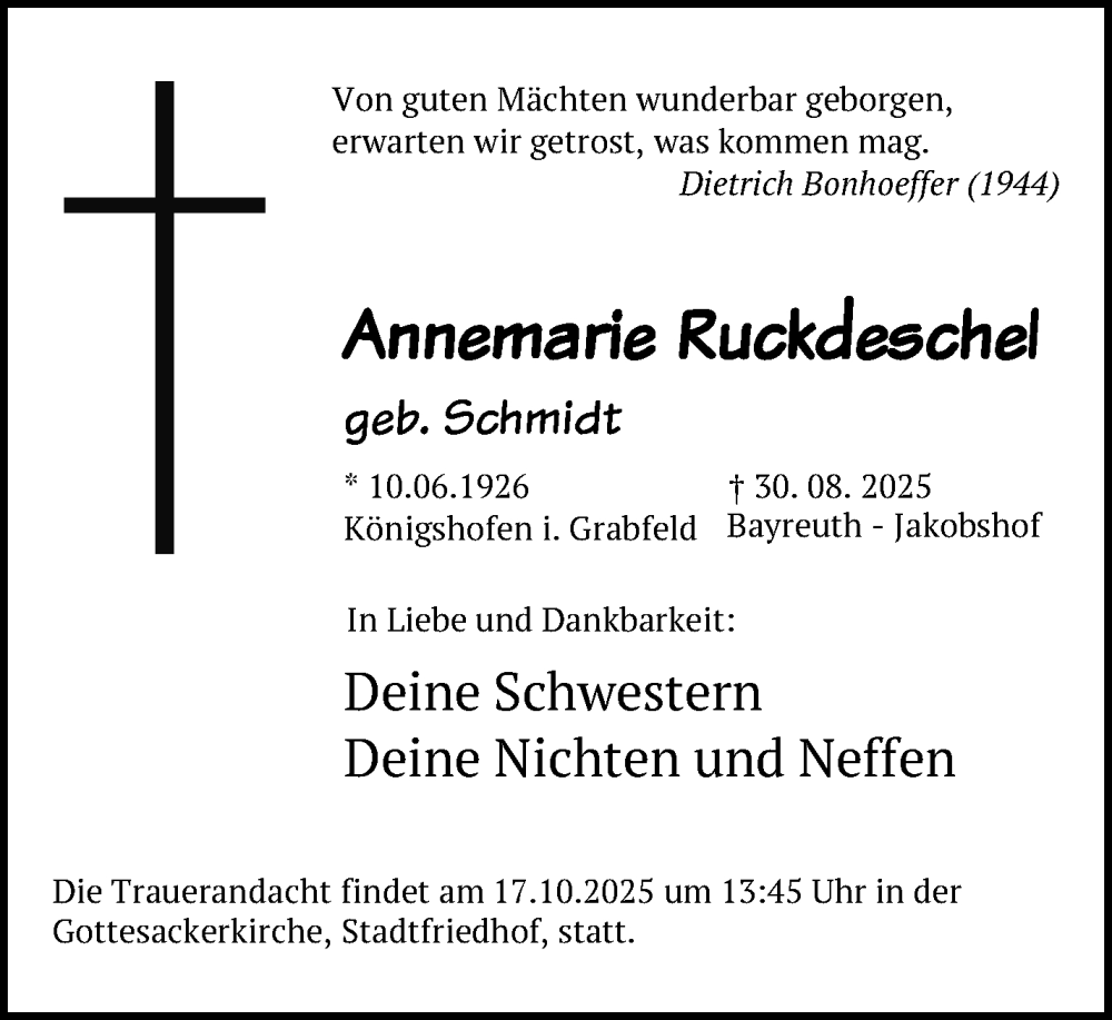  Traueranzeige für Annemarie Ruckdeschel vom 30.09.2025 aus Nordbayerischer Kurier