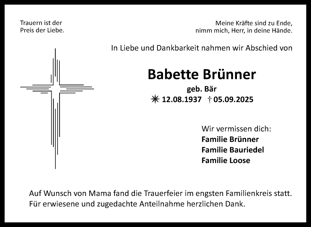  Traueranzeige für Babette Brünner vom 13.09.2025 aus Nordbayerischer Kurier