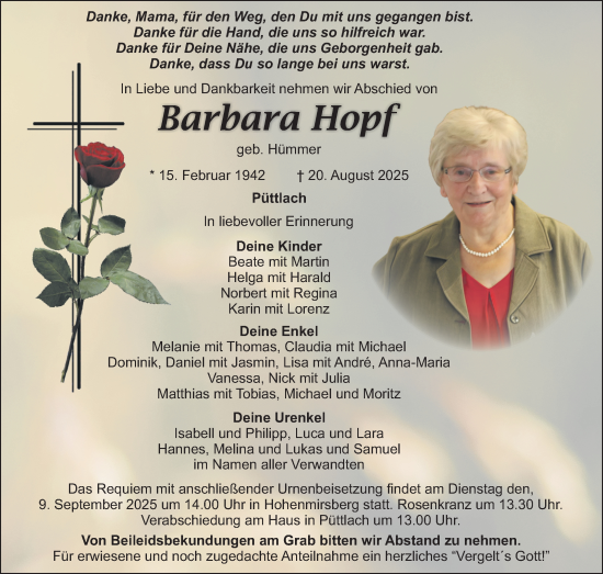 Anzeige von Barbara Hopf von Nordbayerischer Kurier