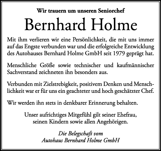 Anzeige von Bernhard Holme von Nordbayerischer Kurier