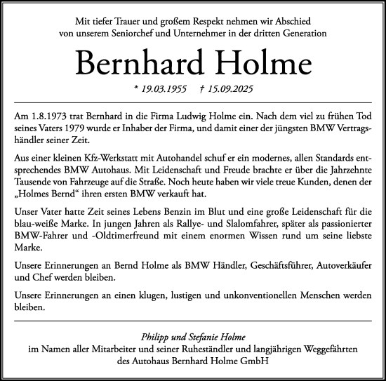 Anzeige von Bernhard Holme von Nordbayerischer Kurier