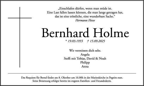 Anzeige von Bernhard Holme von Nordbayerischer Kurier