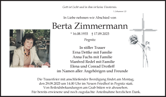 Anzeige von Berta Zimmermann von Nordbayerischer Kurier
