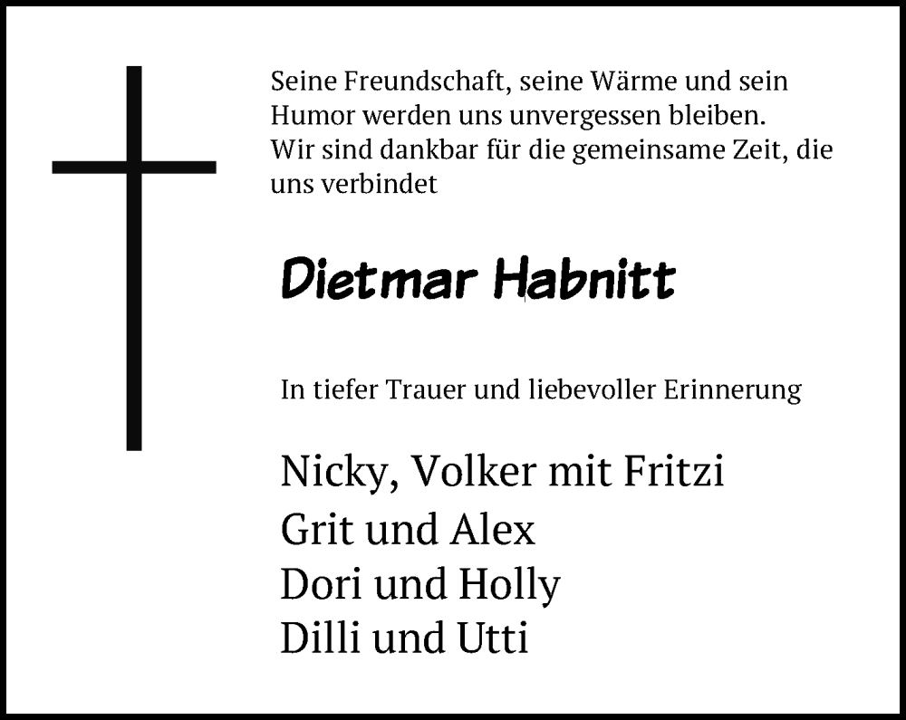  Traueranzeige für Dietmar Habnitt vom 17.09.2025 aus Nordbayerischer Kurier