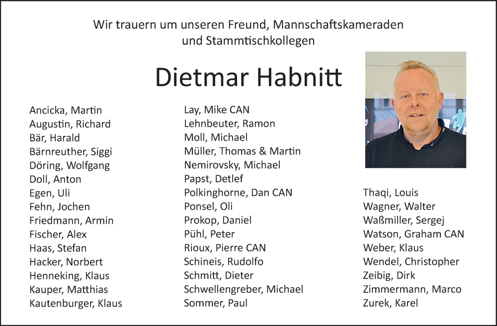  Traueranzeige für Dietmar Habnitt vom 16.09.2025 aus Nordbayerischer Kurier