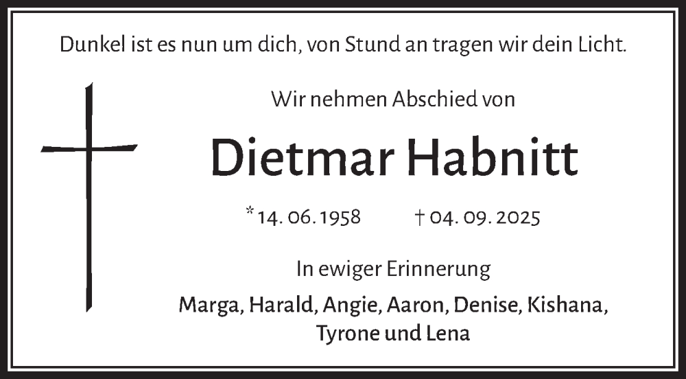  Traueranzeige für Dietmar Habnitt vom 18.09.2025 aus Nordbayerischer Kurier