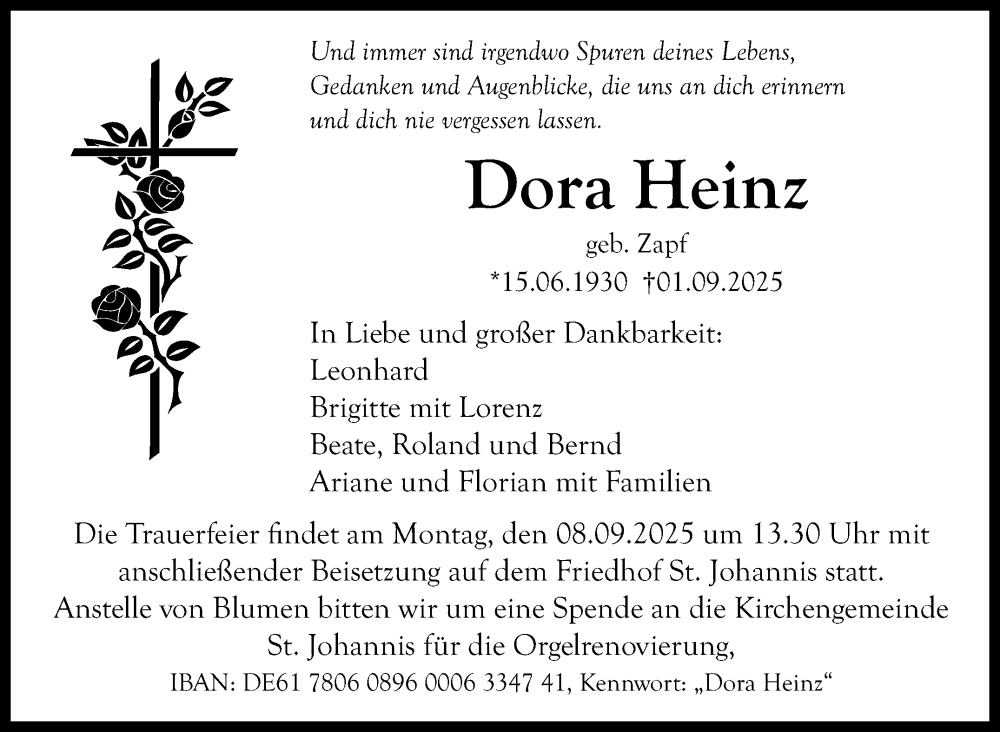  Traueranzeige für Dora Heinz vom 06.09.2025 aus Nordbayerischer Kurier