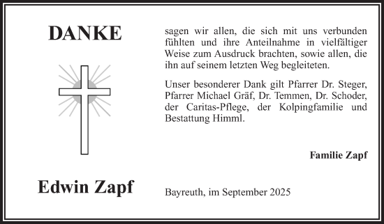 Anzeige von Edwin Zapf von Nordbayerischer Kurier