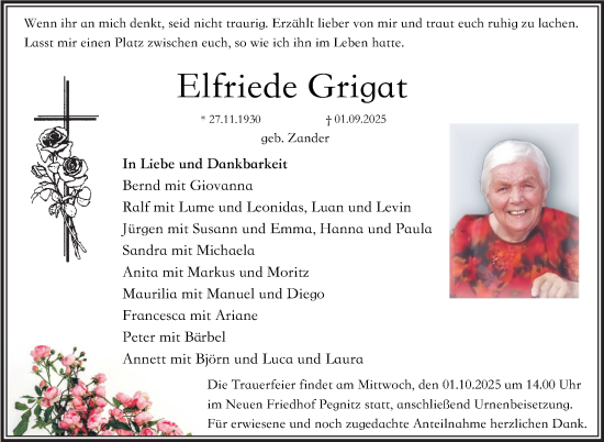Anzeige von Elfriede Grigat von Nordbayerischer Kurier