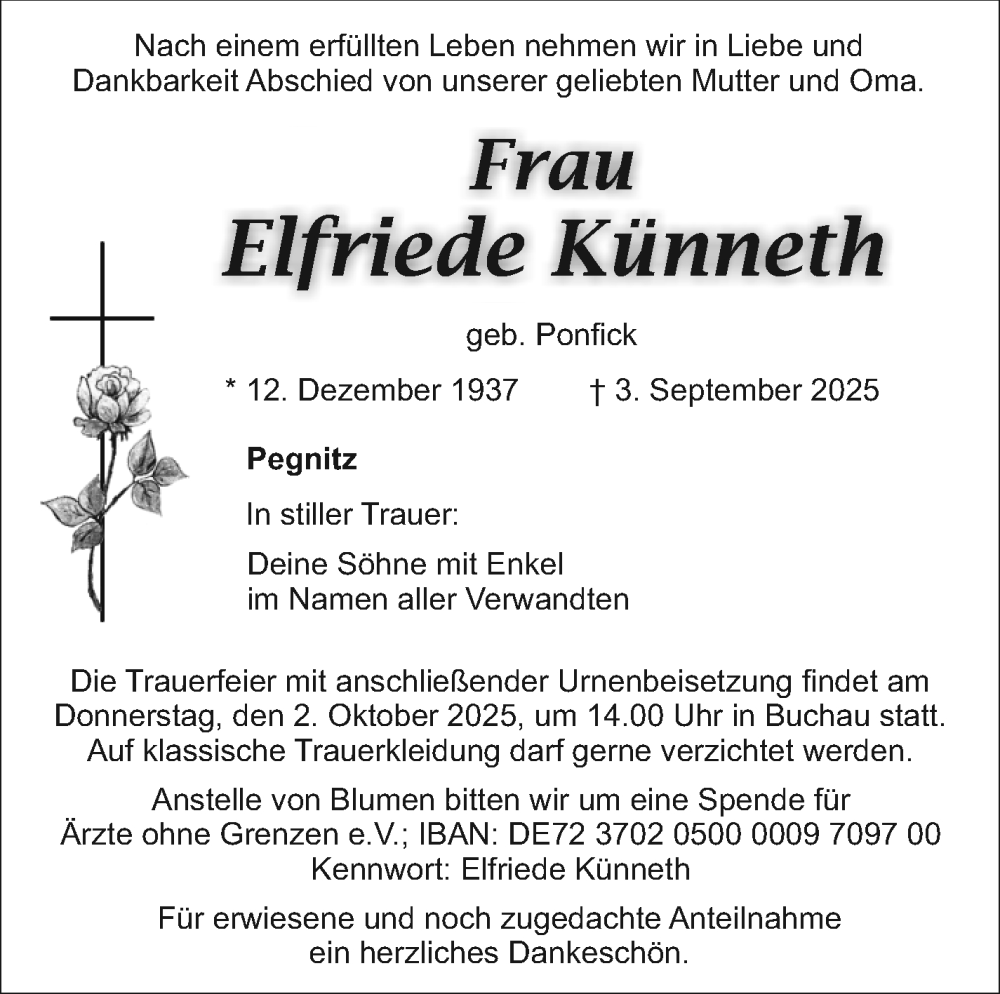  Traueranzeige für Elfriede Künneth vom 30.09.2025 aus Nordbayerischer Kurier