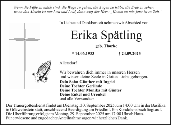 Anzeige von Erika Spätling von Nordbayerischer Kurier