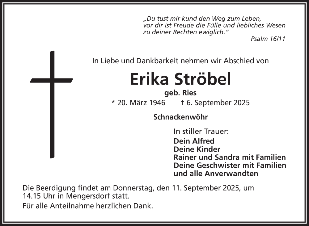  Traueranzeige für Erika Ströbel vom 09.09.2025 aus Nordbayerischer Kurier