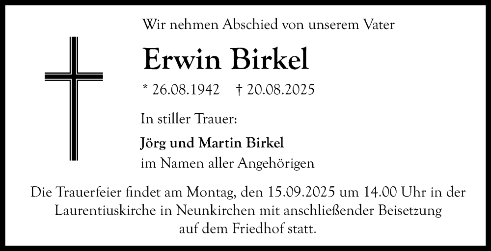  Traueranzeige für Erwin Birkel vom 06.09.2025 aus Nordbayerischer Kurier
