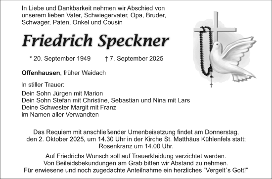 Anzeige von Friedrich Speckner von Nordbayerischer Kurier