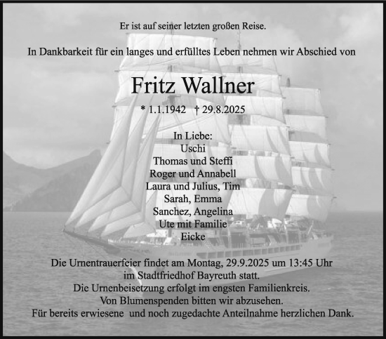Anzeige von Fritz Wallner von Nordbayerischer Kurier