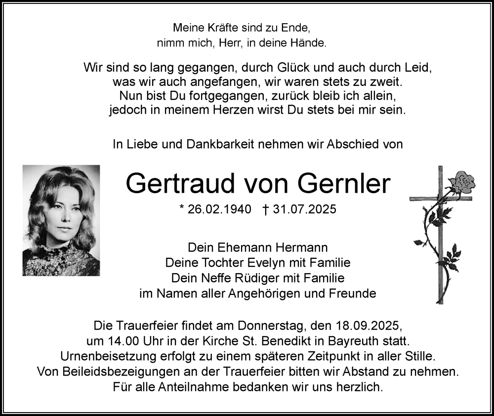 Traueranzeige für Gertraud von Gernler vom 13.09.2025 aus Nordbayerischer Kurier