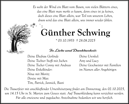 Anzeige von Günther Schwing von Nordbayerischer Kurier