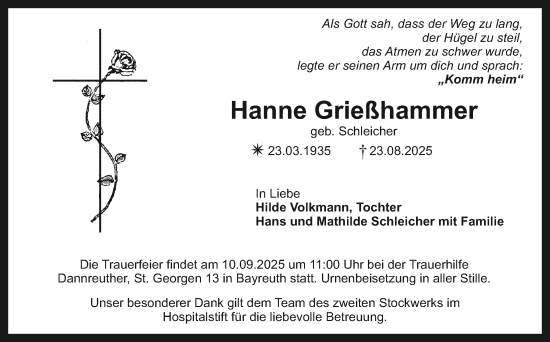 Anzeige von Hanne Grießhammer von Nordbayerischer Kurier