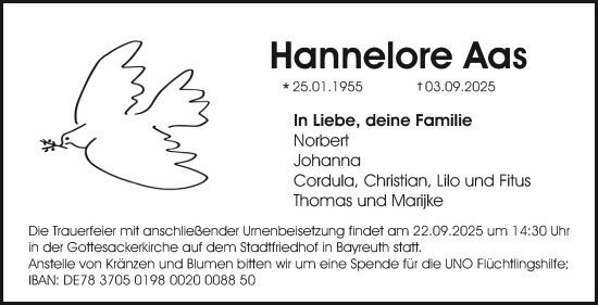 Anzeige von Hannelore Aas von Nordbayerischer Kurier