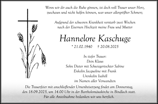 Anzeige von Hannelore Kaschuge von Nordbayerischer Kurier
