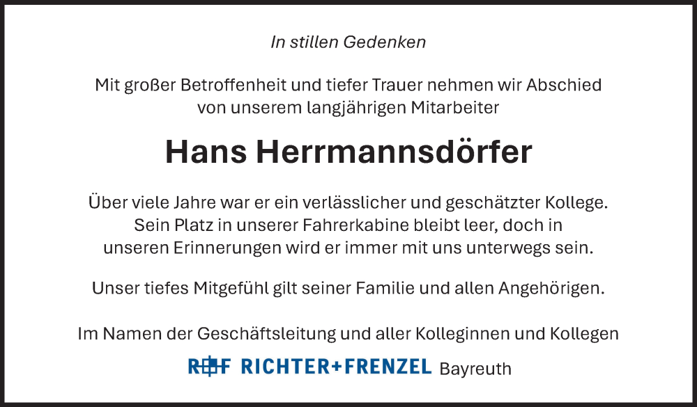  Traueranzeige für Hans Herrmannsdörfer vom 17.09.2025 aus Nordbayerischer Kurier