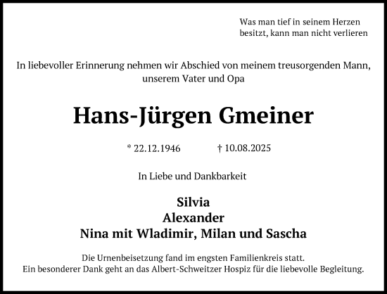 Anzeige von Hans-Jürgen Gmeiner von Nordbayerischer Kurier