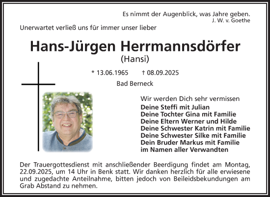 Anzeige von Hans-Jürgen Herrmannsdörfer von Nordbayerischer Kurier