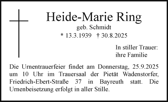 Anzeige von Heide-Marie Ring von Nordbayerischer Kurier