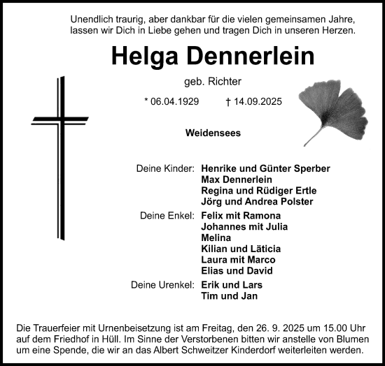 Anzeige von Helga Dennerlein von Nordbayerischer Kurier