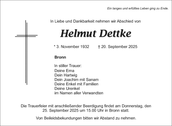 Anzeige von Helmut Dettke von Nordbayerischer Kurier