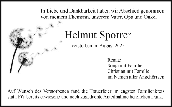 Anzeige von Helmut Sporrer von Nordbayerischer Kurier