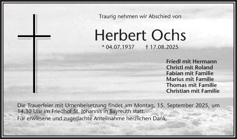  Traueranzeige für Herbert Ochs vom 10.09.2025 aus Nordbayerischer Kurier