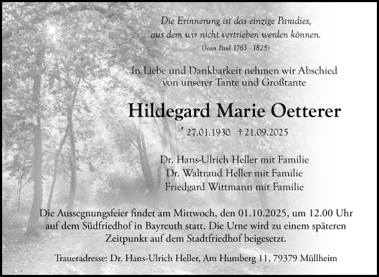 Anzeige von Hildegard Marie Oetterer von Nordbayerischer Kurier