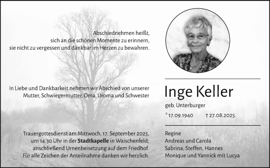 Anzeige von Inge Keller von Nordbayerischer Kurier