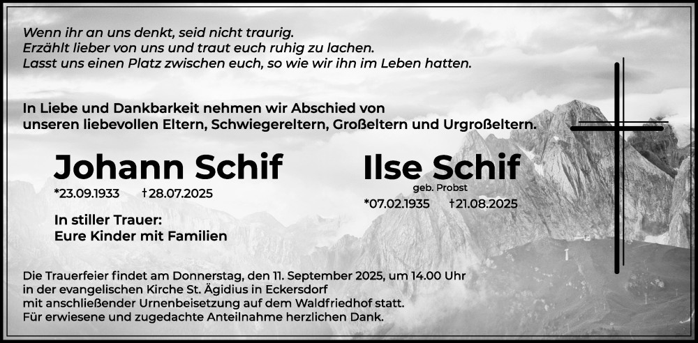  Traueranzeige für Johann Schif vom 06.09.2025 aus Nordbayerischer Kurier