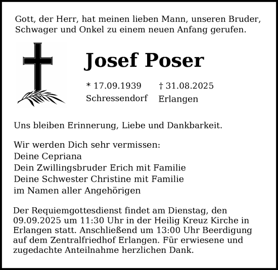Anzeige von Josef Poser von Nordbayerischer Kurier