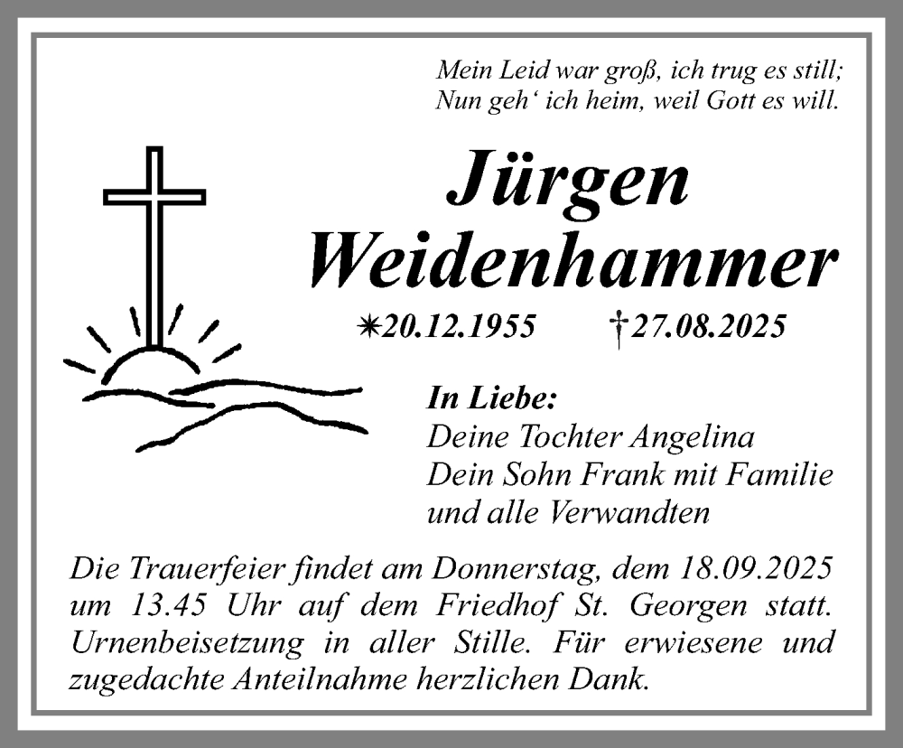  Traueranzeige für Jürgen Weidenhammer vom 13.09.2025 aus Nordbayerischer Kurier
