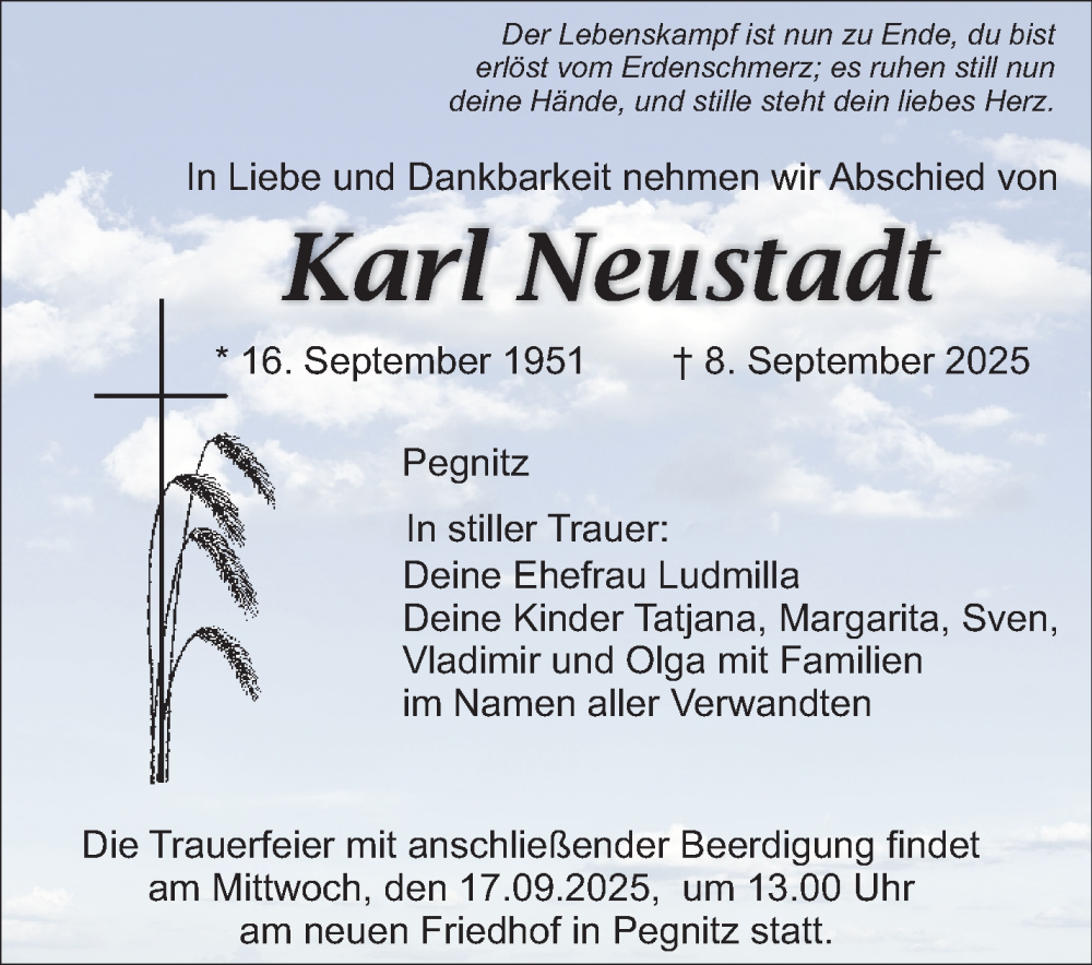 Traueranzeige für Karl Neustadt vom 13.09.2025 aus Nordbayerischer Kurier