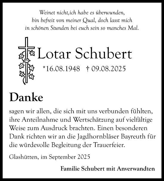 Anzeige von Lotar Schubert von Nordbayerischer Kurier