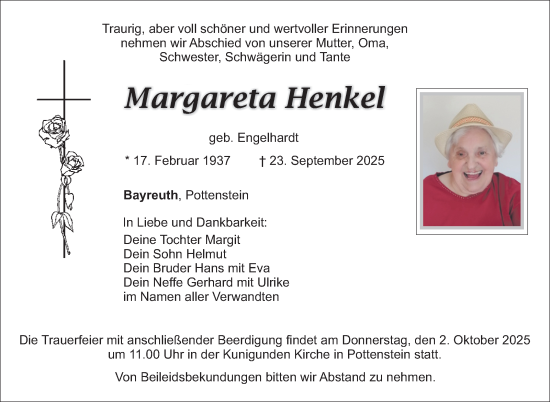 Anzeige von Margareta Henkel von Nordbayerischer Kurier