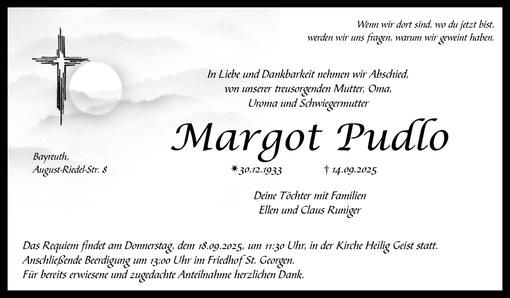  Traueranzeige für Margot Pudlo vom 17.09.2025 aus Nordbayerischer Kurier