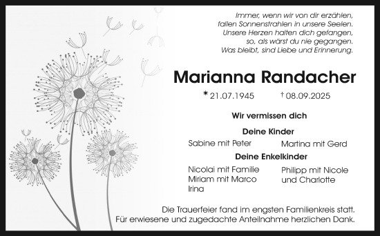 Anzeige von Marianna Randacher von Nordbayerischer Kurier