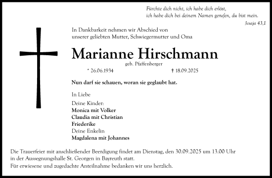 Anzeige von Marianne Hirschmann von Nordbayerischer Kurier